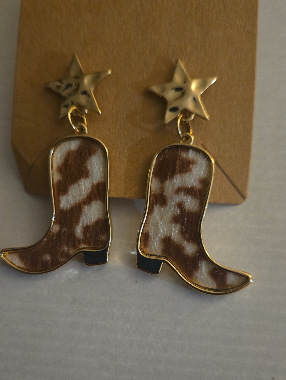 Gold Star & Brown Cowhide HOH Western Cowboy Boot Drop Earrings